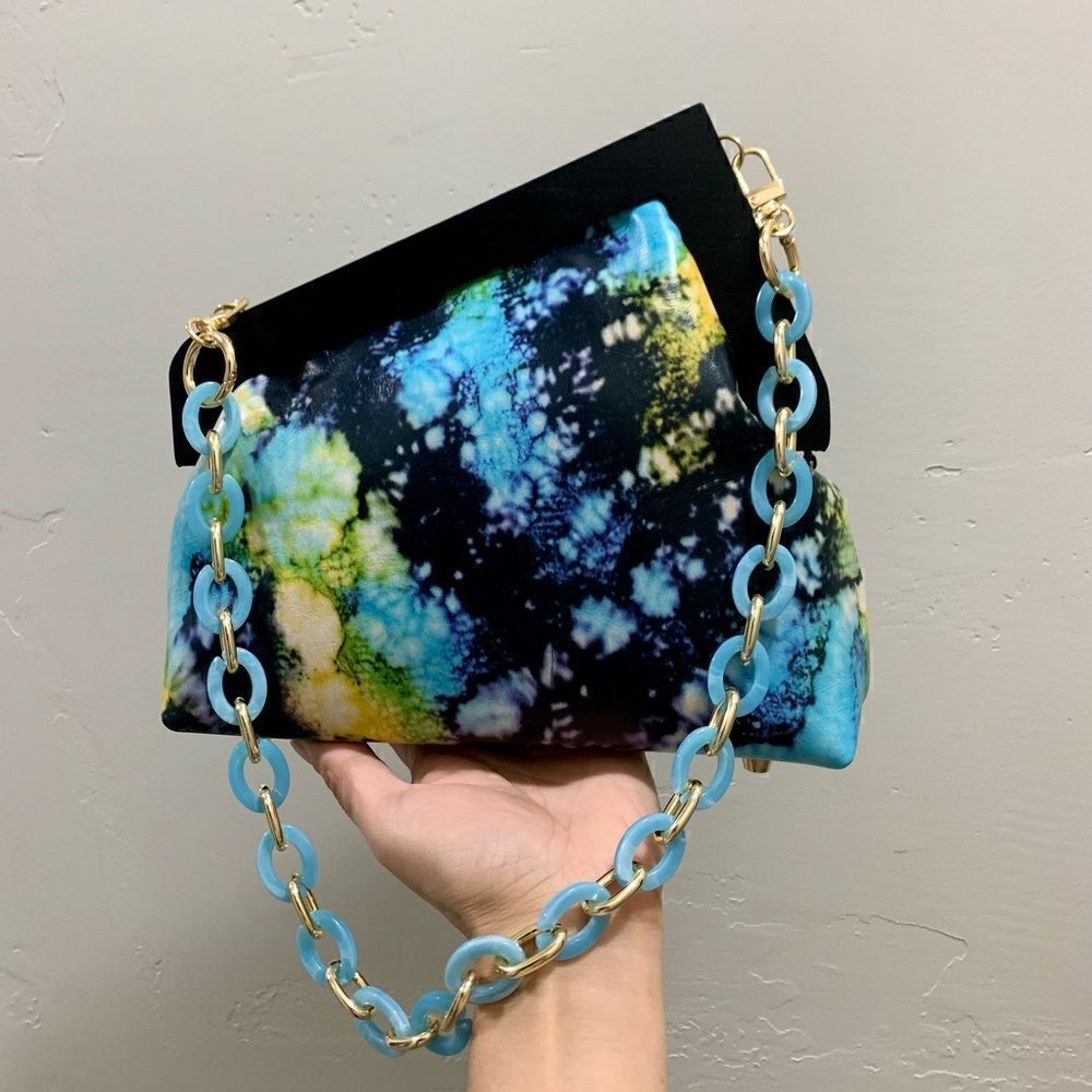 Handmade Genuine Premium Leather Tie-dye Printed Wooden Frame Bag with 2 Chains
